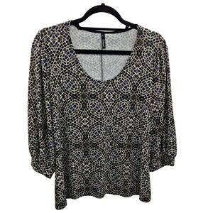 Viereck Womens Black White OliveGeometric Mosaic Scoop Neck 3/4 Sleeve Top L